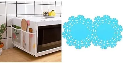 HOS Microwave Oven Cover with 2 Pouch Dustproof Cloth Cover Microwave Oven Set – 1 Pcs (Assorted Colour and Design) + Hot plate silicone coaster - blue