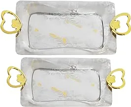 2 Brothers Florence Stainless Steel 18/10 Serving Trays Set Of 2 Pieces With Handles-Silver&Gold-(Small:L26cm*W45cm)-(Big:L32cm*W54cm)