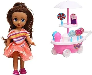 Plastic Small Pretty Doll With Ice Cream Cart And Lollipops For Girls Set Of 17 Pieces - Multi Color