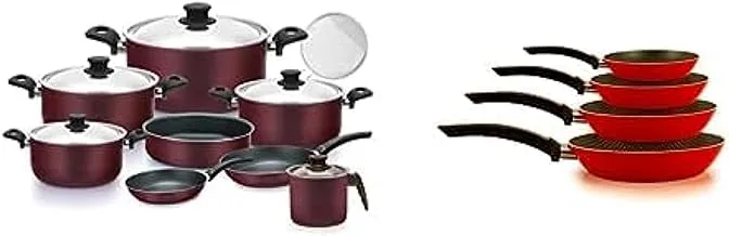 Trueval teflon coated cooking set- burgundy, 14 pieces, mix14p + Trueval frypan set 4 pieces 16-18-22-26 color red