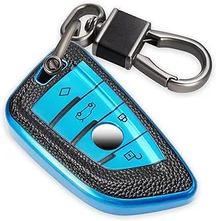 CTRINEWS for BMW Key Cover with Leather Keychain, Advanced Blade Shape Soft TPU Surface Leather Grain Key Fob Cover for New BMW Smart Key(Blue)