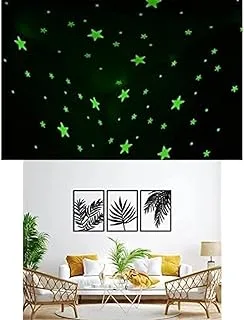 Bundle of 100 Pcs Home Wall Glow In The Dark Stars Stickers Kids Room Decoration + Tropical Leaves Wood Sticker wall art - Set of 3 Panel Each 60x40