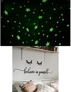 Bundle of 100 Pcs Home Wall Glow In The Dark Stars Stickers Kids Room Decoration + Believe in Yourself Sticker wall art 90x18 cm Black