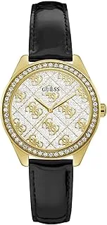 GUESS GW0098L3 - WATCH FOR LADIES GOLD WITH CRYSTALS - BLACK LEATHER STRAP - ENGRAVED WITH G TWIST