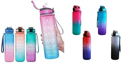 Celerity Motivational Water Bottle (1L) - With Time Marker & Straw - BPA Free, Reusable, Assorted Colors/Orange Green Gradient. (2PCS)