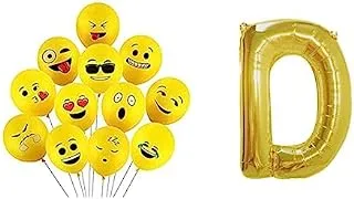 Bundle 100 PCS Smile Face Yellow Color Emoji Balloons, 12 Inches + Foil Large Balloon With Letter D Design For Party And Birthday 32 Inch - Gold