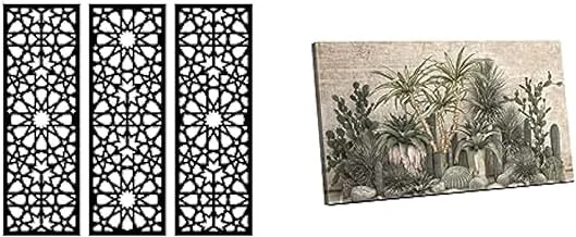 Bundle Home gallery arabesque wooden wall art 3 panels 80x80 cm + Canvas wall art, abstract framed portrait of thickets of tropical desert plants 60x40cm