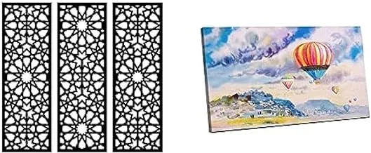 Home Gallery Bundle arabesque wooden wall art 3 panels 80x80 cm + Canvas Wall Art, Abstract Framed Portrait of hot air balloon on mountain village and blue sky cloud 60 W x 40 H x 2 D