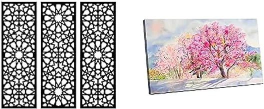 Bundle Home Gallery Arabesque Wooden Wall Art 3 لوحات 80x80 سم + لوحة جدارية من القماش ، صورة مجردة مؤطرة لكرز الهيمالايا البري في الصباح 60 W x 40 H x 2 D