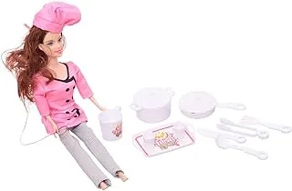 Plastic Pretty Chef Doll With Kitchen Tools For Girls Set Of 11 Pieces - Multi Color