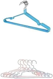 Bundle Metal hanger blue 10 pieces +Plastic flexible sturdy clothes hangers set perfect for standard daily use set of 5 pieces - multi color