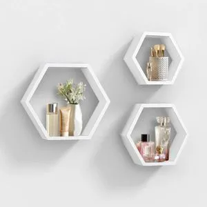 Wooden Wall Organizer Mounted Hexagon Floating Shelves- Set Of 3