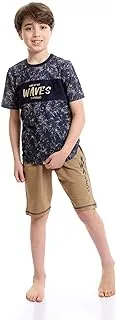 Red Cotton Boys Boys Bi-Tone Patterned Tee & Cotton Shorts Pajama Set - Navy Blue & Coffee Pajama Set