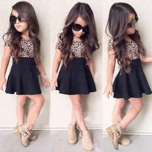 Fashion Summer Girls' Patchwork Solid Leopard Dress - Black