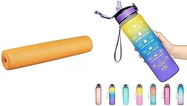 Bundle yoga mat + Gulfya water bottle 1l (32oz), bpa free motivational water bottle with time marker & strainer. water bottle for kids. anti-slip for gym, camping and outdoor sports