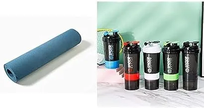 Bundle yoga mat + Chiker Protein Athletes Chiker 500ml 3 Layers Easy Roll Anti-Slip Pill Caps & Supplements Leak Proof BPA Free (Blue)