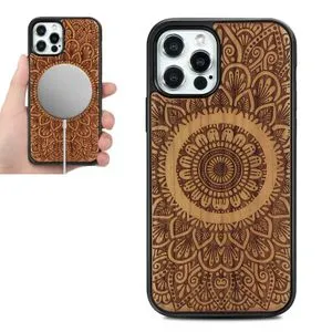 Wood Veneer Mandala Embossed Magsafe Case Magnetic TPU Shockproof Case For IPhone 12 Mini(Cherry Wood)