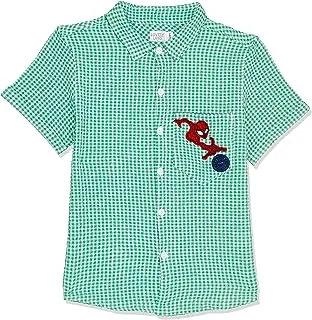 lovely land Boys Black Spiderman Logo Stitched Patch Over Green & White Boys Shirt Button Down Shirt