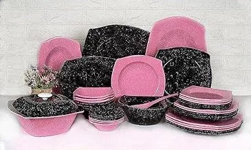 Pure 136230 Set Of 38 Pieces Of Melamine Polka Dot Square Plates With Granite Square Plates For Home And Restaurant - Black Pink