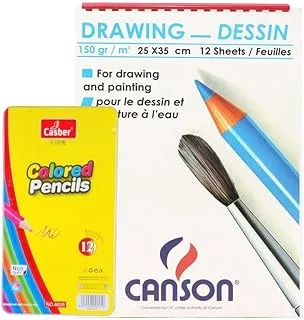 Canson White Sketch Book with Casber 12-Colours Wooden Pencil Set, 35 cm x 25 cm Size