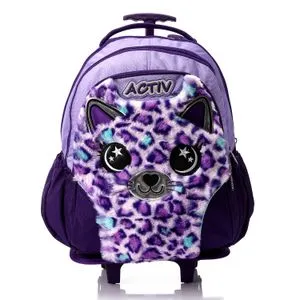 Activ Fur Cat Pattern Girls Trolly Backpack - Mint Green & Shades Of Purple
