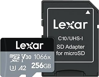 بطاقة Lexar Professional 1066x 256GB MicroSDXC Uhs-I مع محول SD من السلسلة الفضية ، حتى 160 ميجابايت / ثانية قراءة 120 ميجابايت / ثانية للكتابة