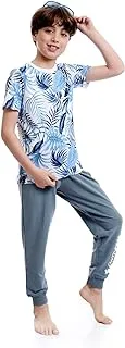 Red Cotton Boys Tropical Leaves Slip On Pants Pajama Set - Sky Blue & Blue Pants,10