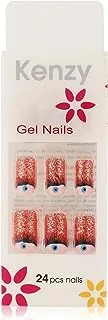 KENZY GEL NAILS ترسم عين زرقاء باللون الأسود ، جميع الأصابع بريق أحمر 24 قطعة