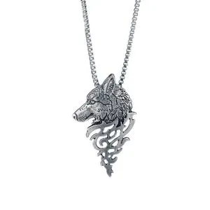 Vintage Men Wolf Head Pendant Necklace Sweater Necklace Cosplay Jewelry Silver