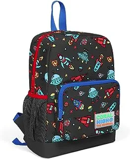 Coral High Kids Two Compartment Backpack - Dark Gray Red Space Pattern