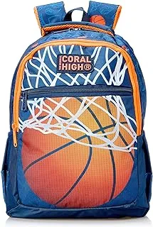 Coral High Kids Three Compartment School Backpack - Navy Orange Basketball Patterned