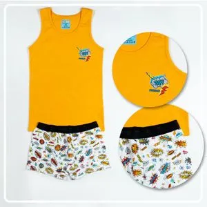 Printed Boys Set Of Boxer & Undershirt - Orange & White