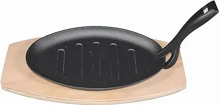 Smile Oval Ribbed Cast Iron Grill With Cast Iron Handle 23 Cm + Wooden Base