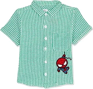 lovely land Boys Black Spiderman Logo Stitched Patch Over Green & White Baby Boys Shirt Button Down Shirt