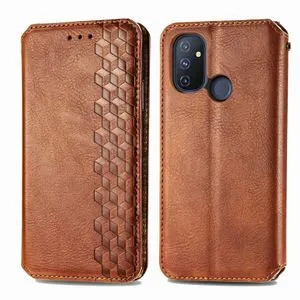 For One Plus Nord N100 Cubic Grid Pressed Magnetic PU Leather Case(Brown)