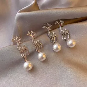 New Pearl Earrings For Women Elegant Rhinestone Elk