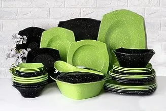 Pure 136231 Set Of 38 Pieces Of Melamine Polka Dot Square Plates With Granite Square Plates For Home And Restaurant - Black Green