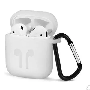 Apple AirPods Case Premium Soft Silicone Cover Shock & Scratch Proof Resistant With Stainless Steel Carabiner Hook (White) XINJIN