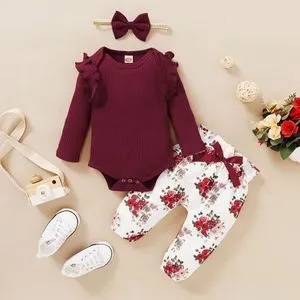 Fashion Baby Girls Outfit Set Red Long Sleeve Ripped Bodysuit + Floral Print + Headband