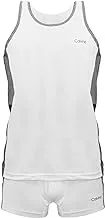 Calvino Mens M5021 Set Of 2 Pieces Sleeveless Undershirt&Boxer Short Base Layer Set, White, Medium