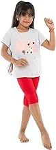 Jockey M M Cotton Set Of 2 Pieces Half Sleeves T-Shirt&Short Printed Shapes For Girls-Light Grey&Red-5Year