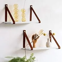 PU Brown Leather Strap Wall Floating Shelf 60X20 White