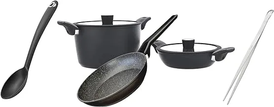 PEDRINI EVO Induction Non-Stick Granite Cookware Set of 7 Pieces (pot 26 -low pot 24 - frying pan 24) + GIFT (PEDRINI NYLON spoon &Pedrini Stainless Steel Tongs)