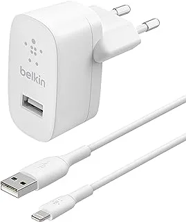 شاحن Belkin Boost Charge بقدرة 12 وات USB A مع كابل Lightning/USB A (شاحن USB لأجهزة iPhone وiPad وAirPods وSamsung Galaxy وGoogle Pixel) WCA002vf1MWH أبيض