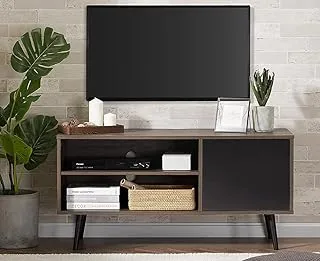 WAMPAT Mid-Century TV Stand for 32/43/50 Inch Flat Screen, Retro Wood Media Console Table for Living Room, Small Entertainment Center with Storage Shelves and Door for Apartment, Black&Brown, 43