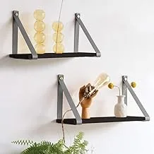 PU Gray Leather Strap Wall Floating Shelf 60X20 Black