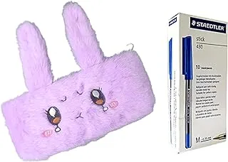 Fur Rabbit Purple Pencil Case + Staedtler 430 Blue Pens Pack of 10