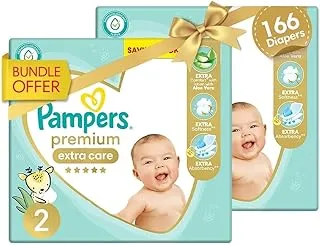 Pampers Premium Extra Care Diapers, Size 2, 3-8 kg, with lotion with aloe vera 166 Baby Diapers Bundle of 2