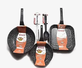 PEDRINI EVO Induction Non-Stick Granite Set of 3 Pieces (pan 22 - grill 28 wok 28) + GIFT (PEDRINI NYLON spoon &Pedrini Stainless Steel Tongs) Black MZ/6363