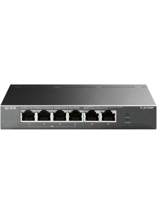 TP-LINK TP-Link 6 Port Fast Ethernet 10/100Mbps PoE Switch | 4 PoE+ Ports @67W | Plug & Play | Sturdy Metal w/Shielded Ports | Extend Mode | Priority Mode (TL-SF1006P) Black